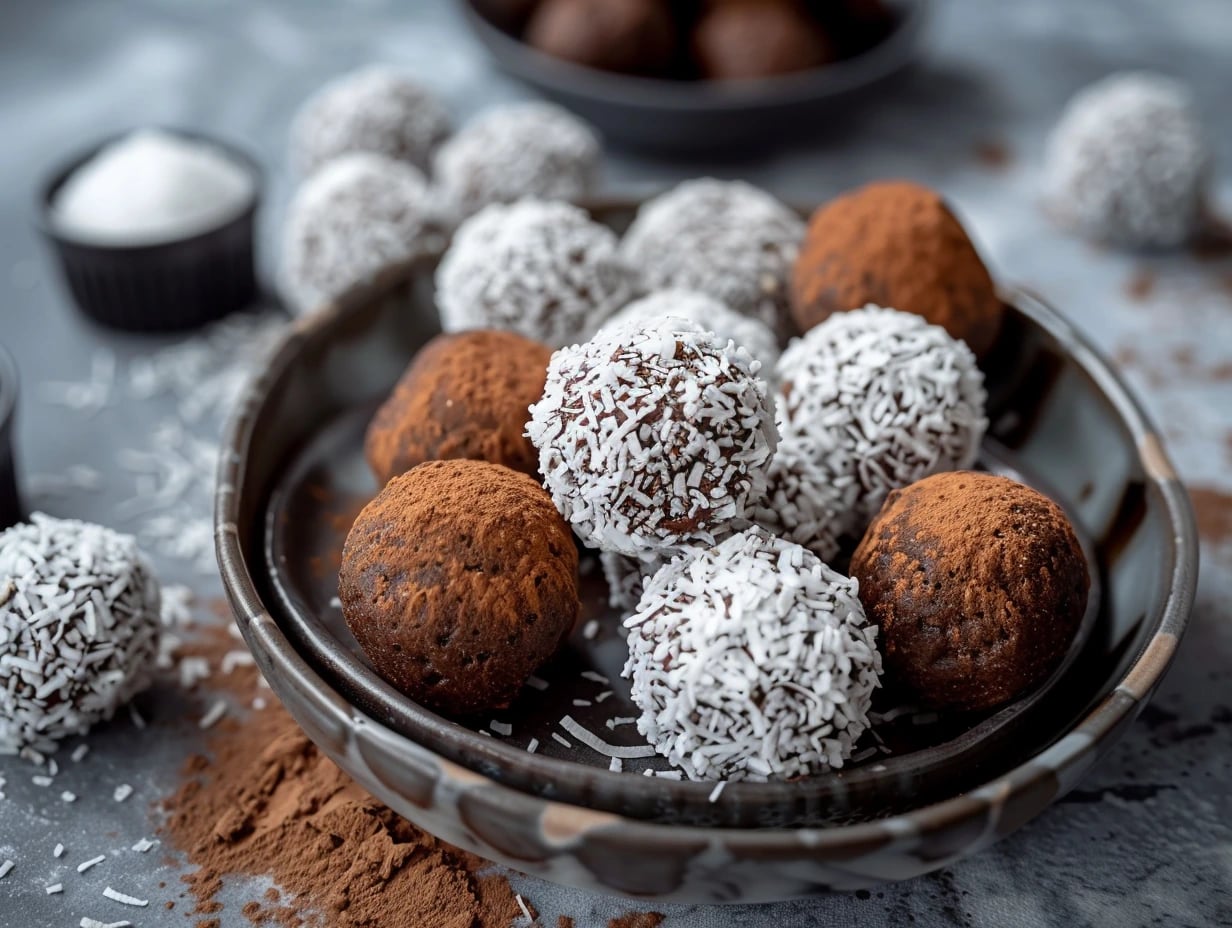 En hög med havrebollar utan socker rullade i kokosflingor serverade på ett fat bredvid en kopp kaffe.