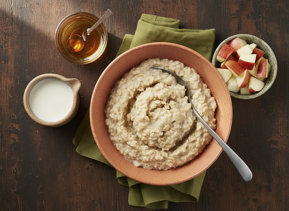 En skål med nystekt, rykande het havregrynsgröt toppad med färska äppelklyftor, kanel och en skvätt kall mjölk.