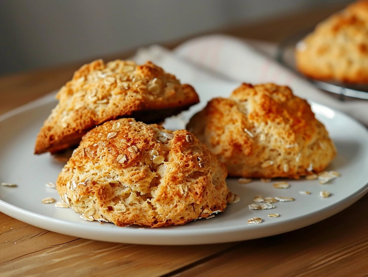 Nybakade havrescones staplade på en träbräda med smältande smör och en kopp kaffe i bakgrunden.
