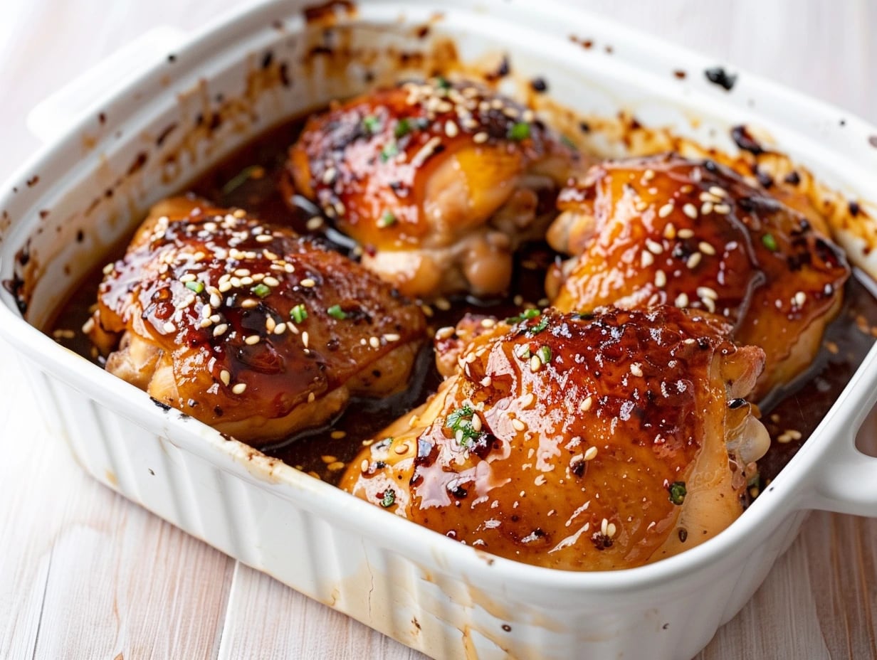 En ugnsform med glansig honungs och vitlökskyckling, toppad med sesamfrön och färsk salladslök redo att serveras.