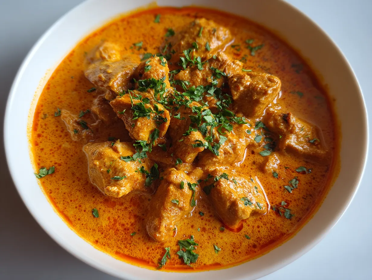 En mustig indisk gryta med smörkyckling och grädde serverad med naanbröd.