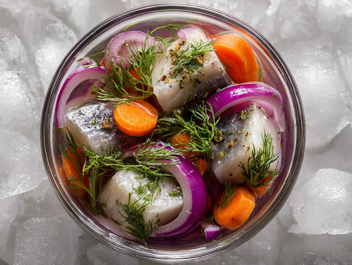 Klassisk inlagd sill i 1-2-3-lag med lök och kryddor