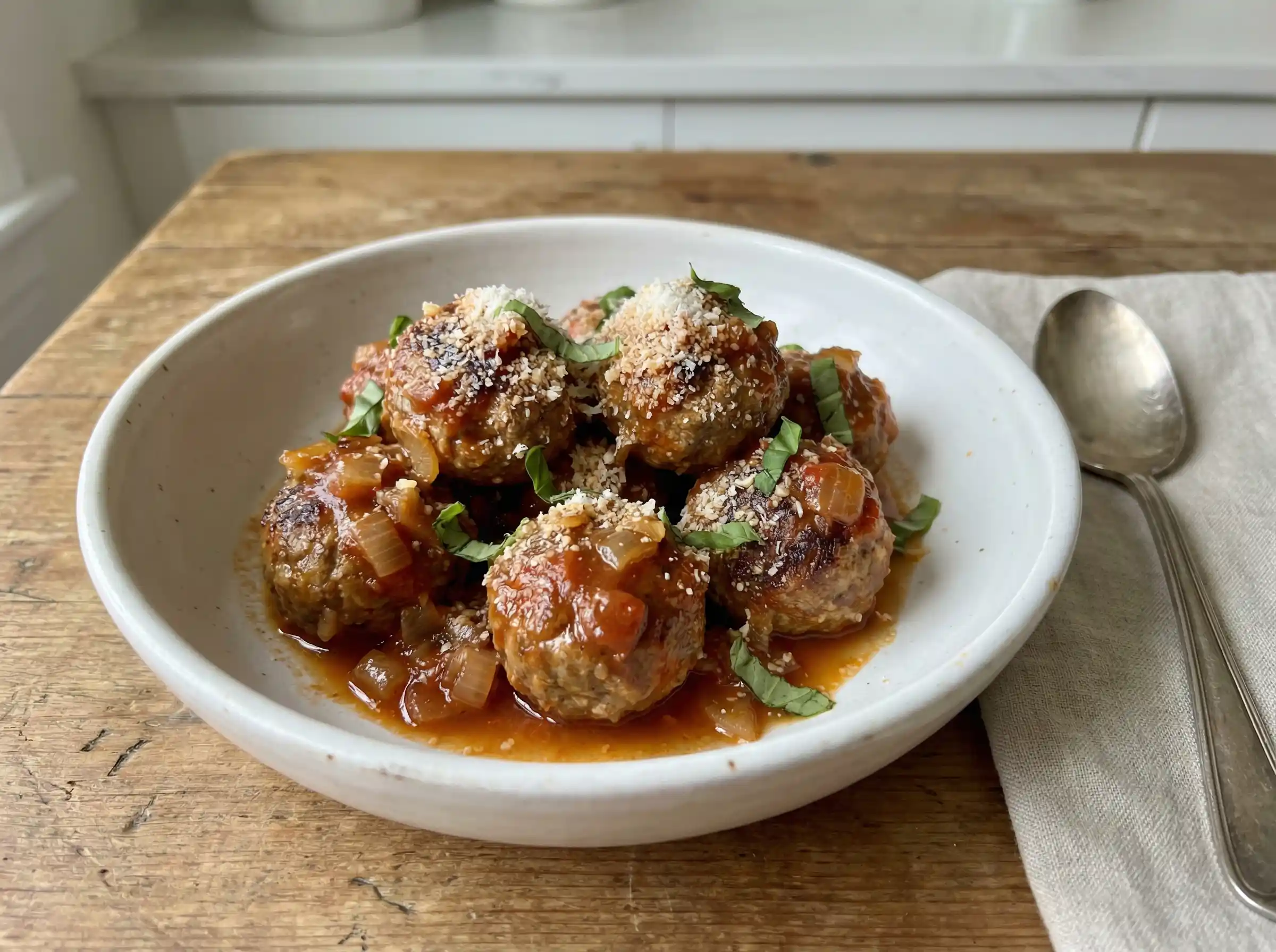 italienska köttbullar i tomatsås med parmesan och basilika serverade varma i en ljus skål.