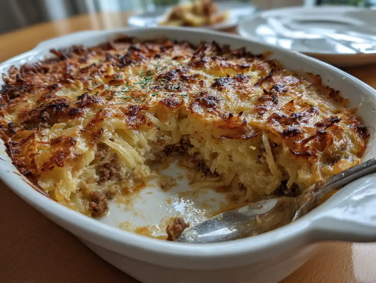 Janssons frestelse köttfärs i ugnsform med gyllene yta, krämig potatis och synlig stekt köttfärs.