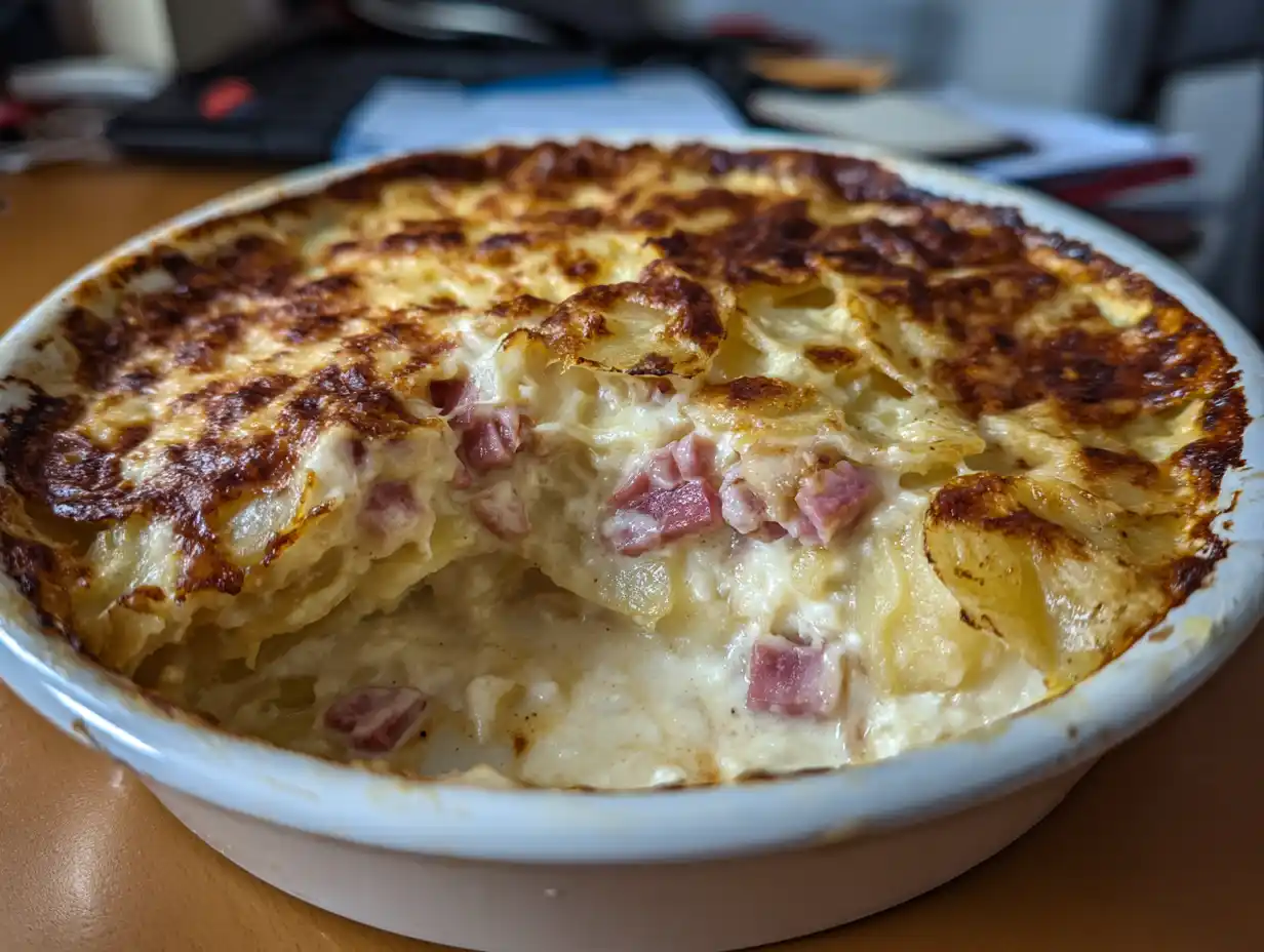 janssons frestelse med skinka i ugnsform med gyllene yta, krämig potatis och bitar av skinka.