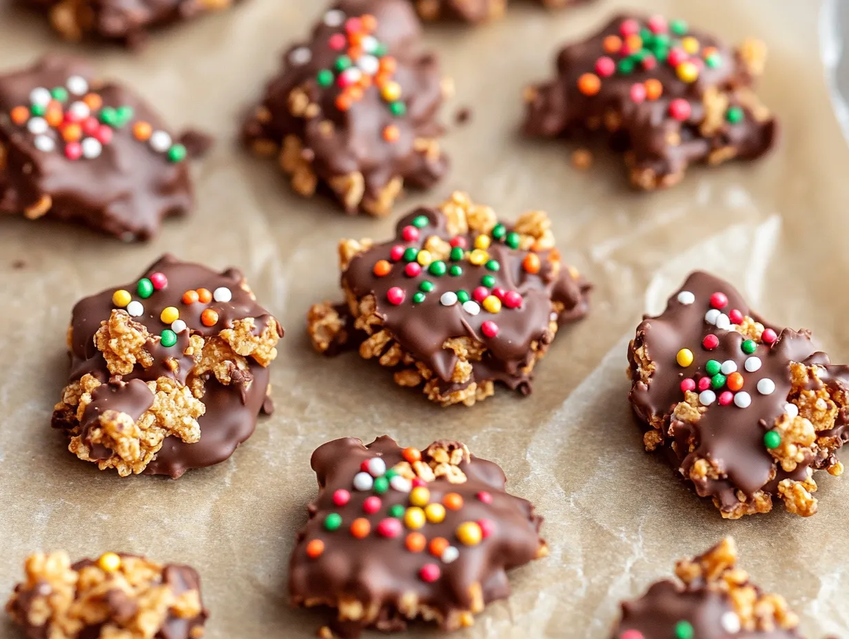 Ett fat med krispigt julgodis barn gjort av chokladtäckta cornflakes, toppade med färgglatt strössel och serverade på en röd duk.