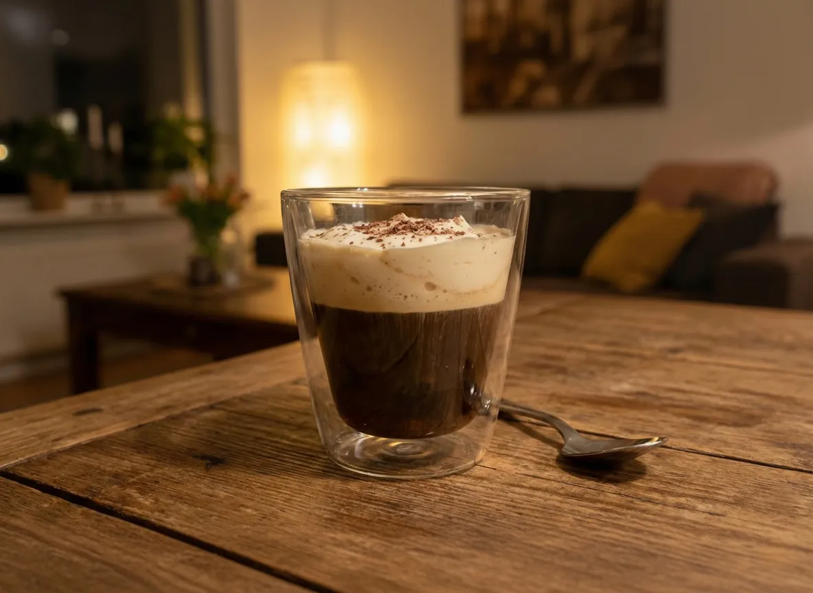 Kaffe Karlsson serverad i glas med lättvispad grädde och riven mörk choklad på toppen.
