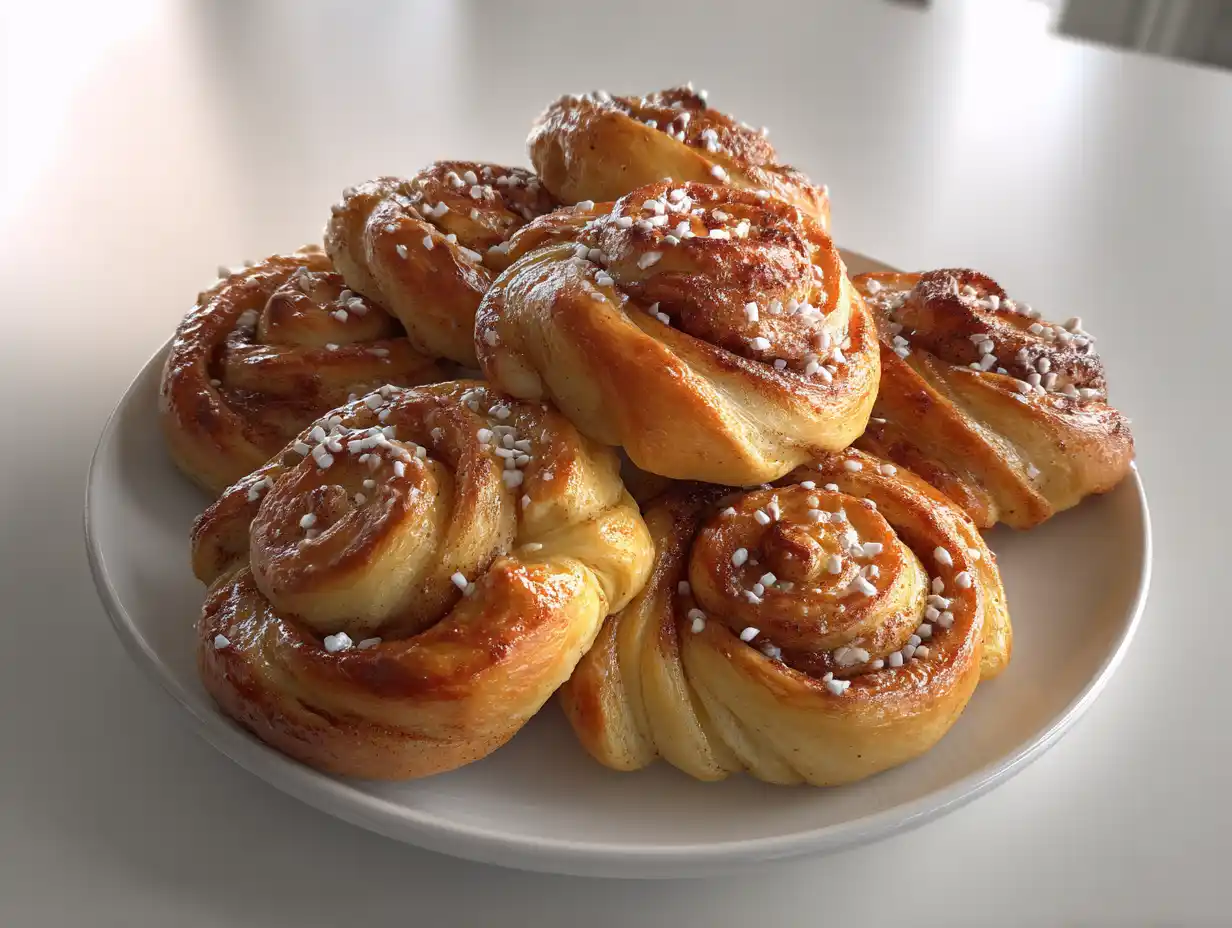kalljästa kanelbullar på fat med tydliga snurror, pärlsocker och gyllene yta i vanligt köksljus.