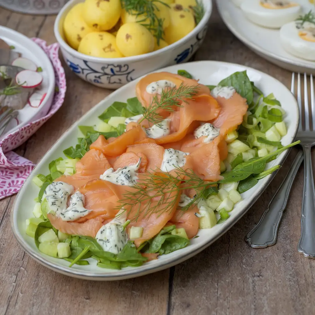 Kallrökt lax med gurka och melon