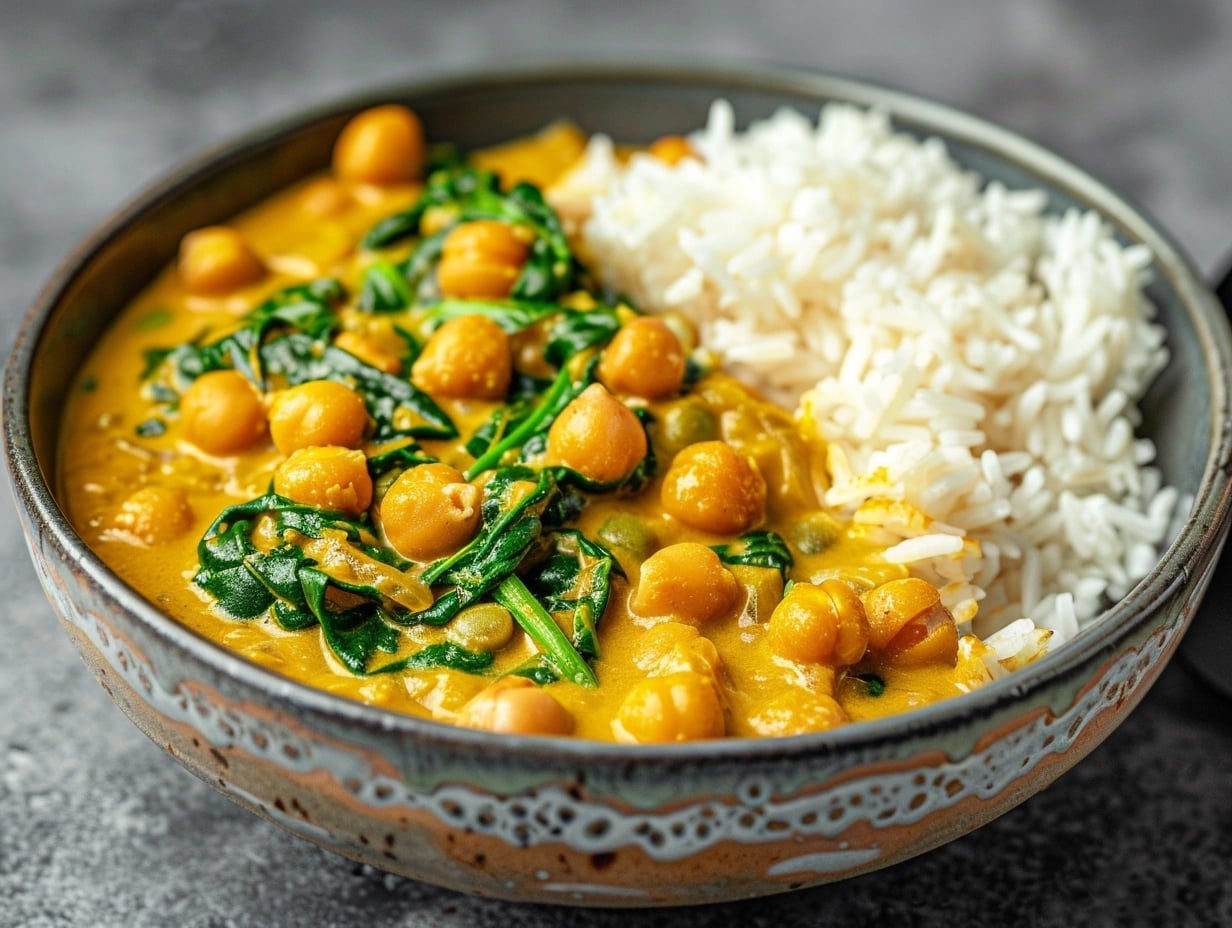 En närbild på en skål fylld med rykande varm kikärtsgryta med spenat och krämig kokosmjölk serverad med ris.