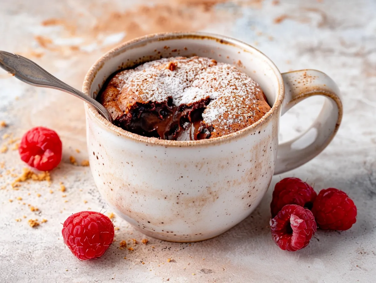 Kladdkaka i mugg med kladdig chokladkärna och mjuka kanter, serverad varm direkt ur koppen.