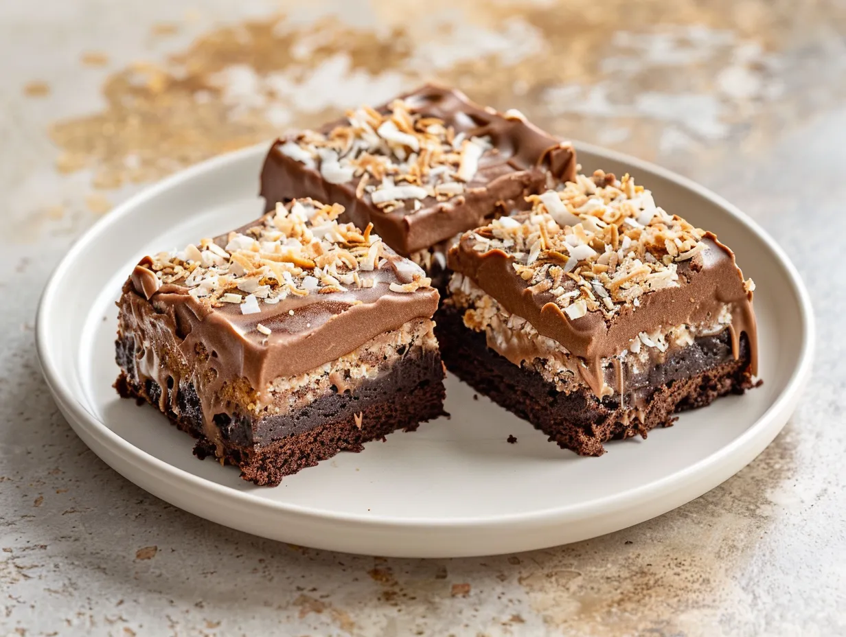 Kladdkaka kärleksmums i rutor med kaffeglasyr och kokos, saftig chokladbotten från långpanna.