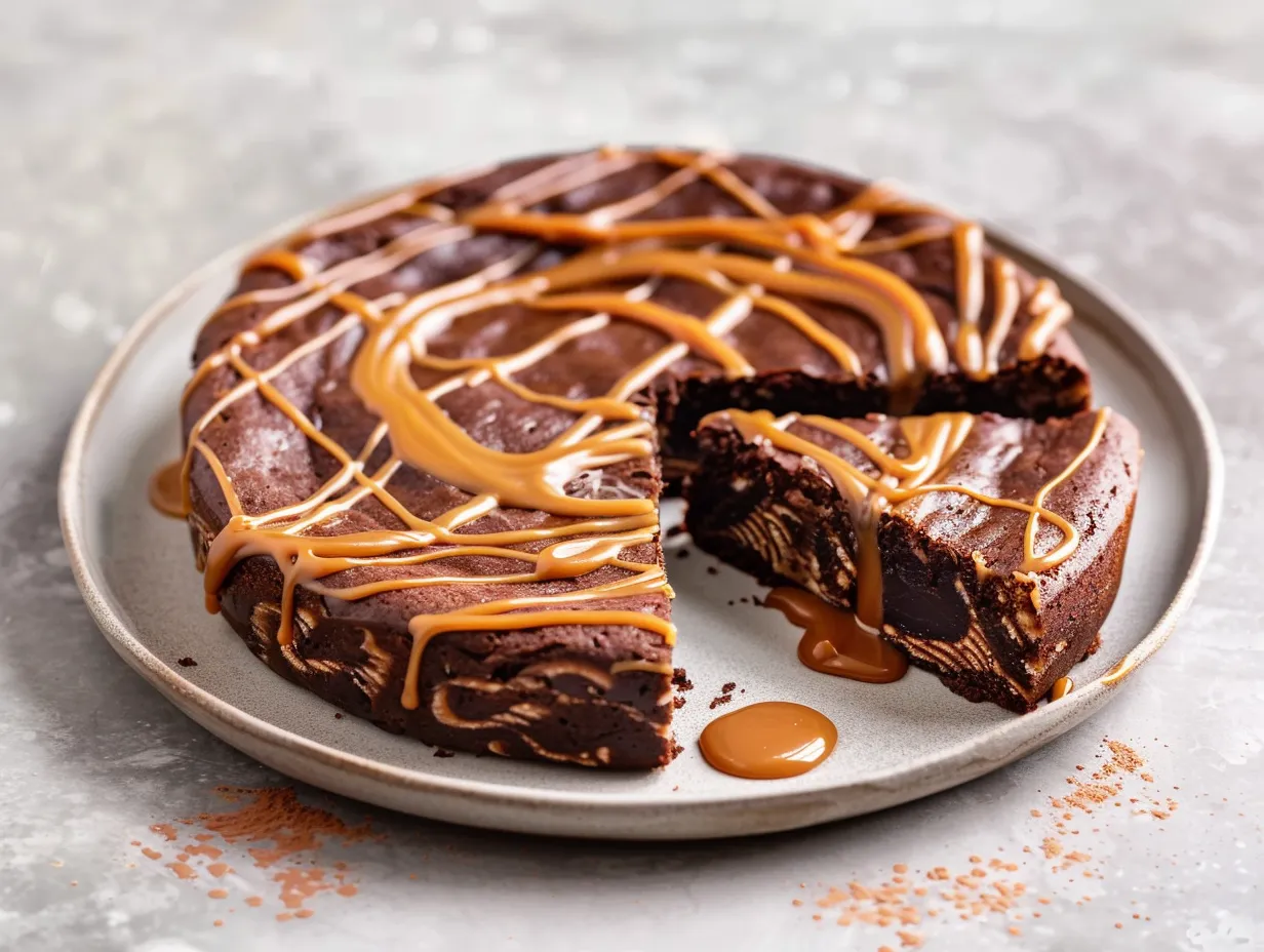 Kladdkaka med dulce de leche med blank karamellswirl och kladdig chokladkärna, serverad med grädde.