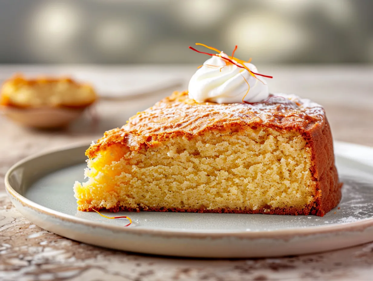 Kladdkaka med saffran med vit choklad och kladdig mitt, gräddad i rund form och skuren i saftiga bitar.