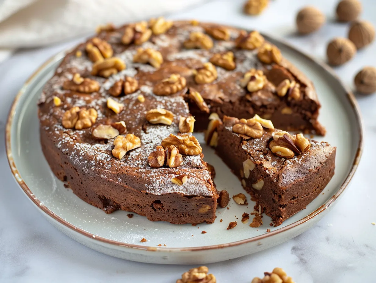 Kladdkaka med valnötter i rund form med kladdig mitt, knapriga nötter och flingsalt på toppen.