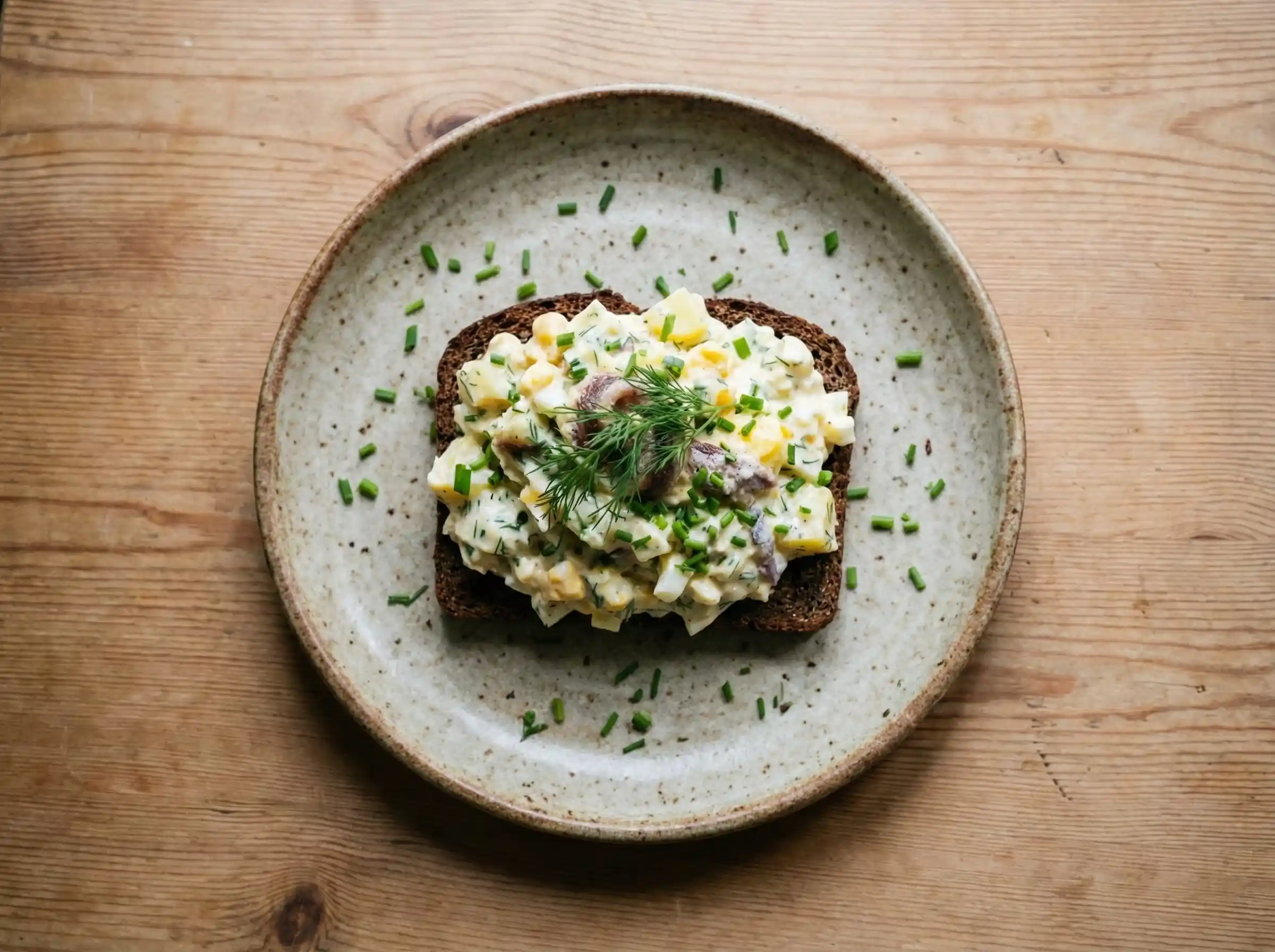 En krämig klassisk gubbröra serverad på mörkt rågbröd med färsk dill och gräslök på en rustik tallrik.