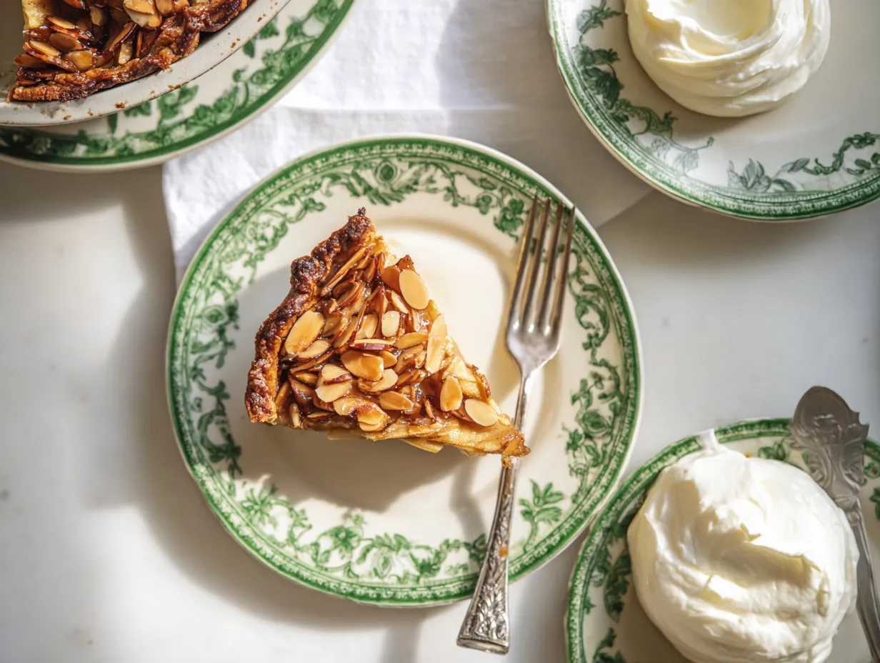 Klassisk toscakaka med gyllene mandeltäcke serverad på ett fat