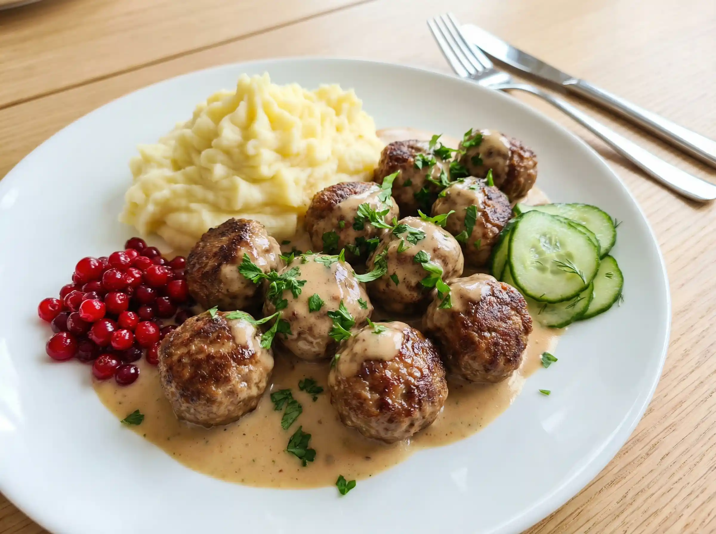 Klassiska köttbullar på fat med gräddsås, potatismos och persilja, gyllenbruna utanpå och saftiga i mitten.