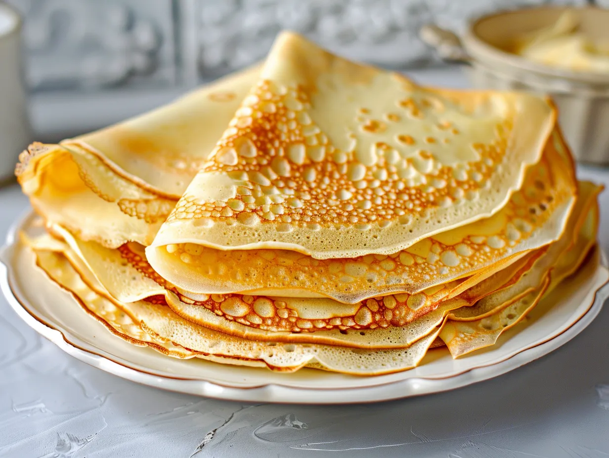 En hög trave nystekta klassiska pannkakor serverade med jordgubbssylt och lättvispad grädde på ett rustikt träbord.
