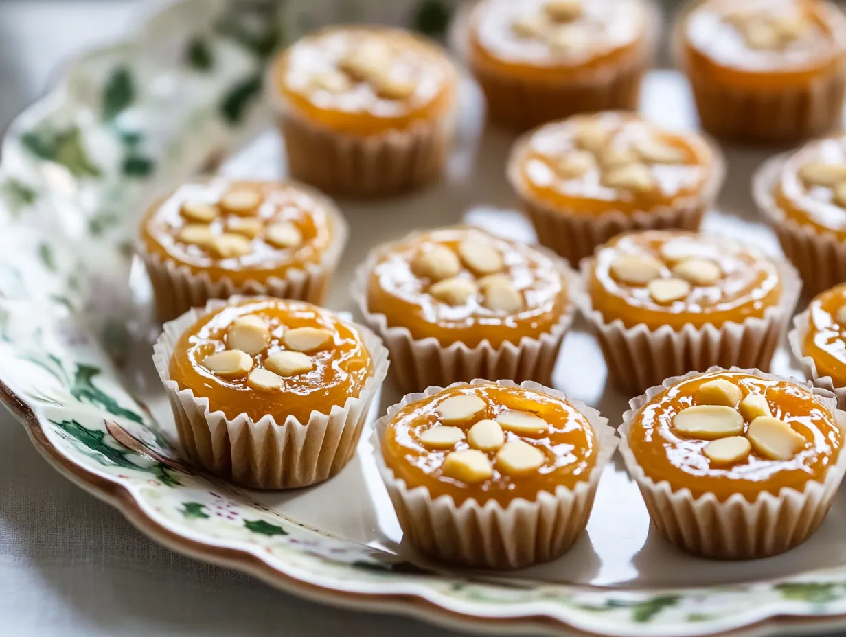 Bästa receptet på gyllenbrun julgodis knäck med mandel och flingsalt, serverad i klassiska formar.