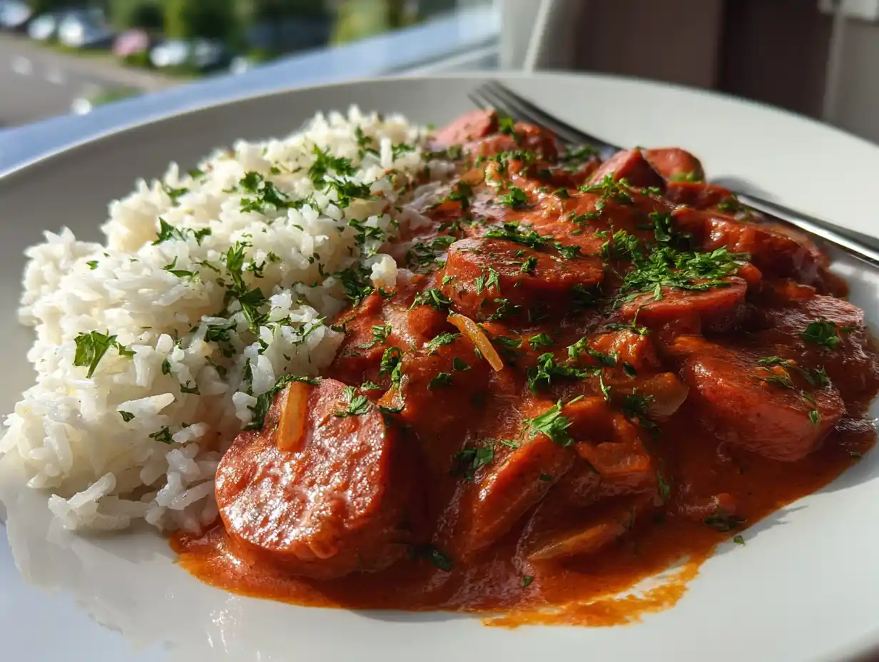 Korvstroganoff utan gradde serverad med ris i djup tallrik, med stekt korv, lon och rod sas i ett vanligt hemmakok.