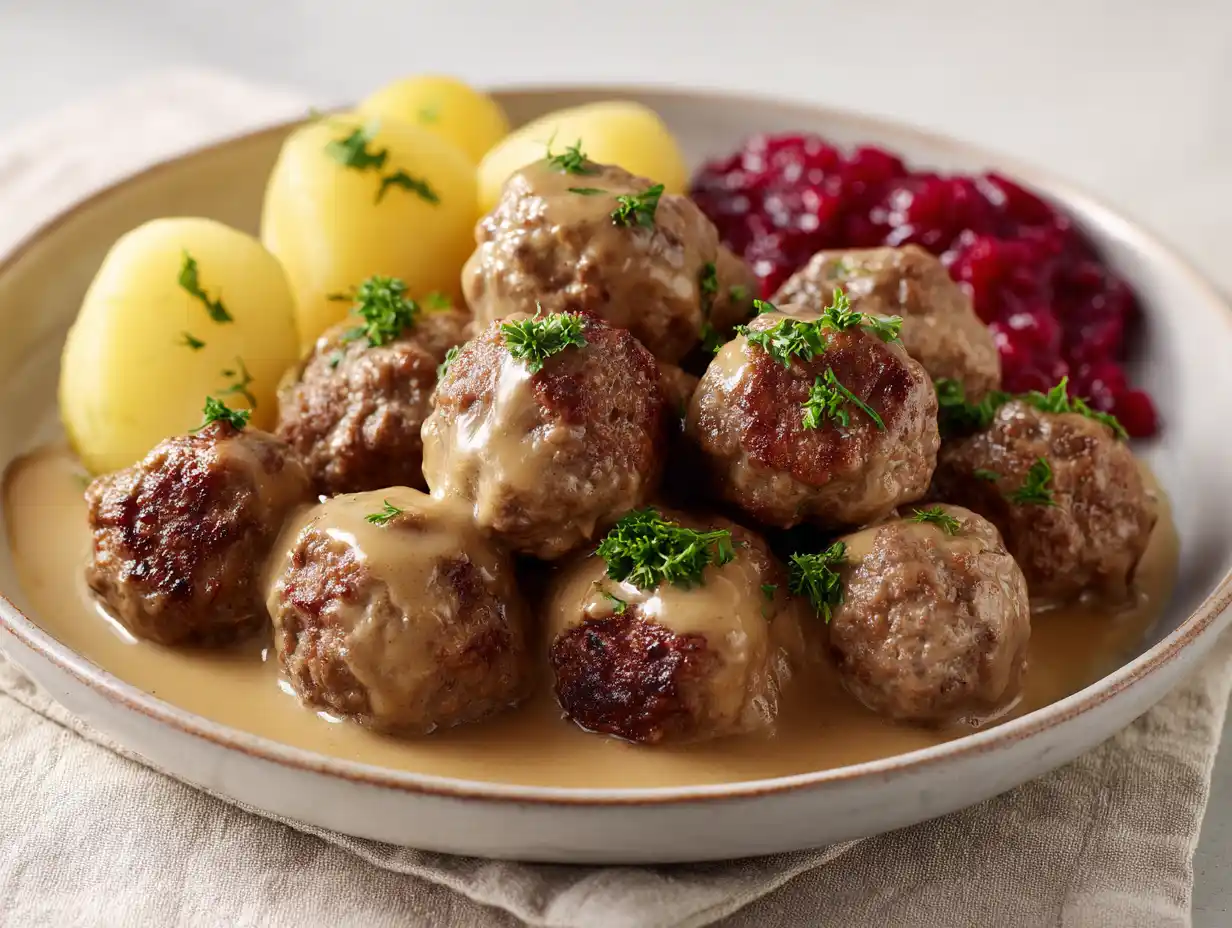 köttbullar i ugn på ljus tallrik med gräddsås, potatis och persilja, gyllenbruna och saftiga med fin stekyta.