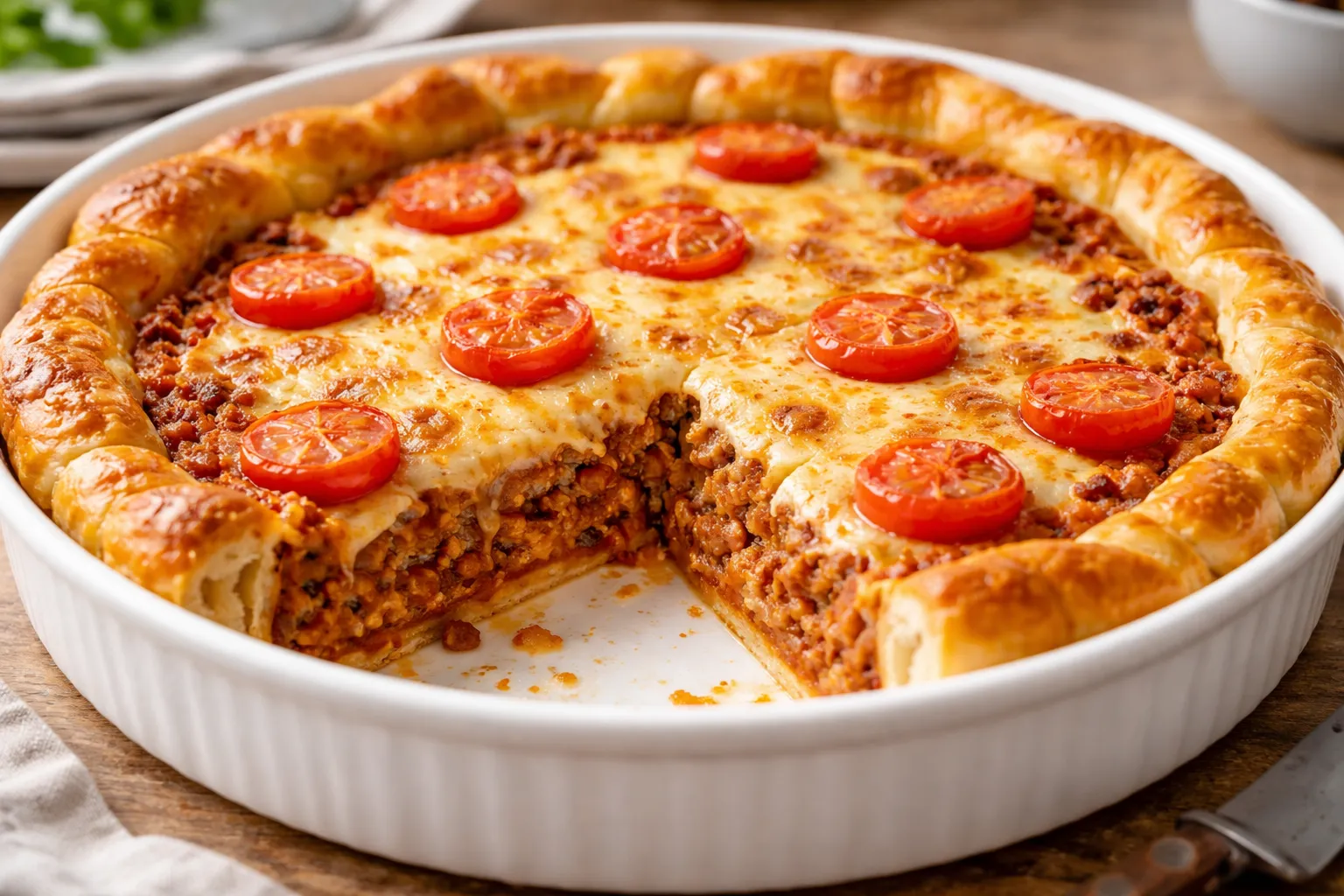 Köttfärspaj i ugn med smördeg, tomater och smält ost