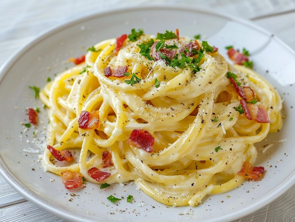 En djup tallrik med rykande varm krämig carbonara toppad med krispigt bacon och nymalen svartpeppar.