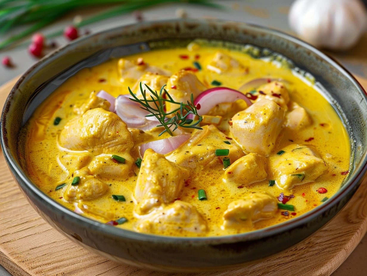 En mustig gryta med krämig kycklinglårfilé curry i gyllengul sås serverad med fluffigt vitt ris och färska örter.