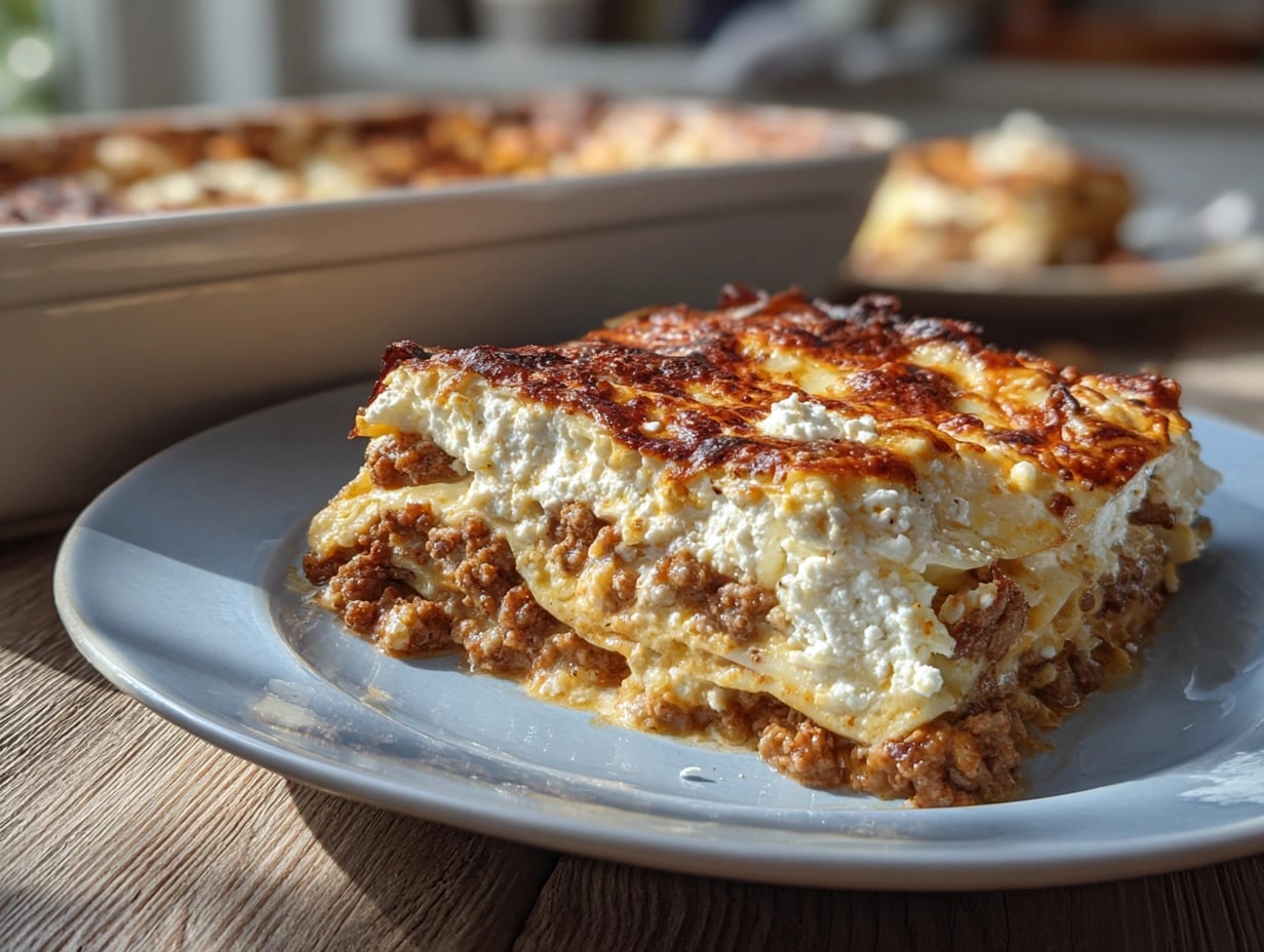 En ugnsform med gyllenbrun krämig lasagne med fetaost serverad på ett träbord med färska örter runtomkring.