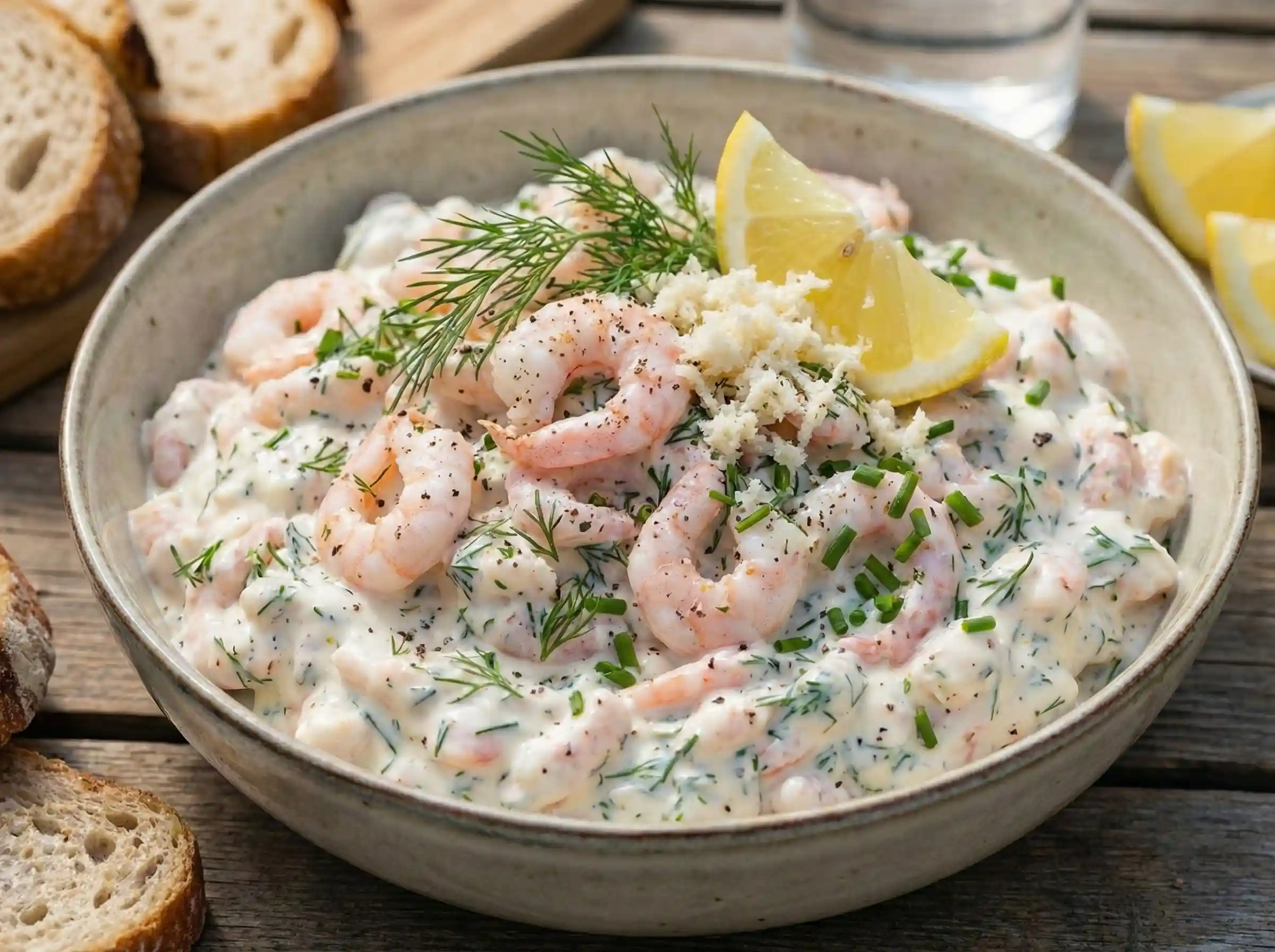 Krämig räksallad serverad i skål med färsk dill och citron