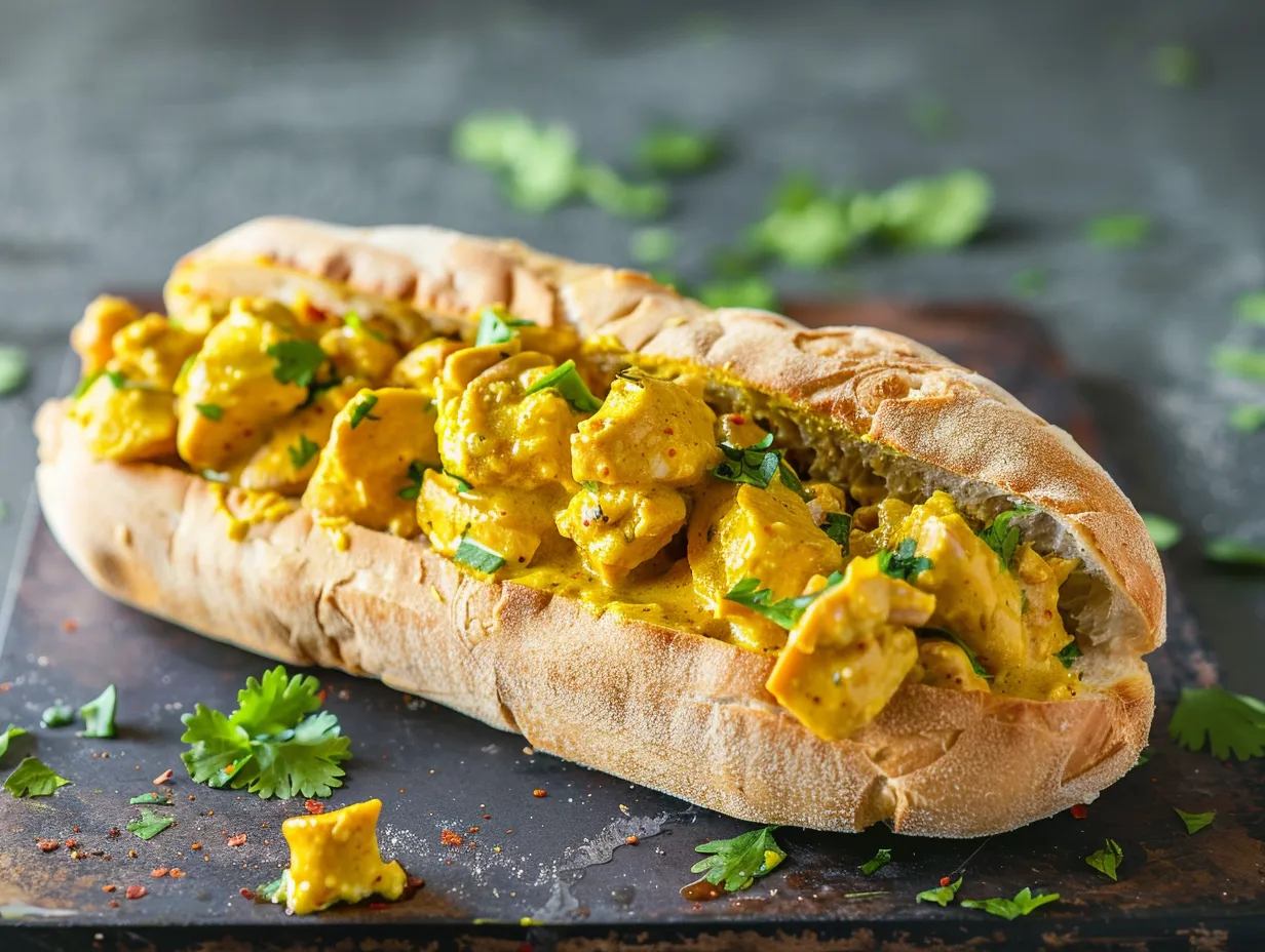 En frasig kyckling curry baguette fylld med krämig röra, serverad på en träbräda redo för utflykt.