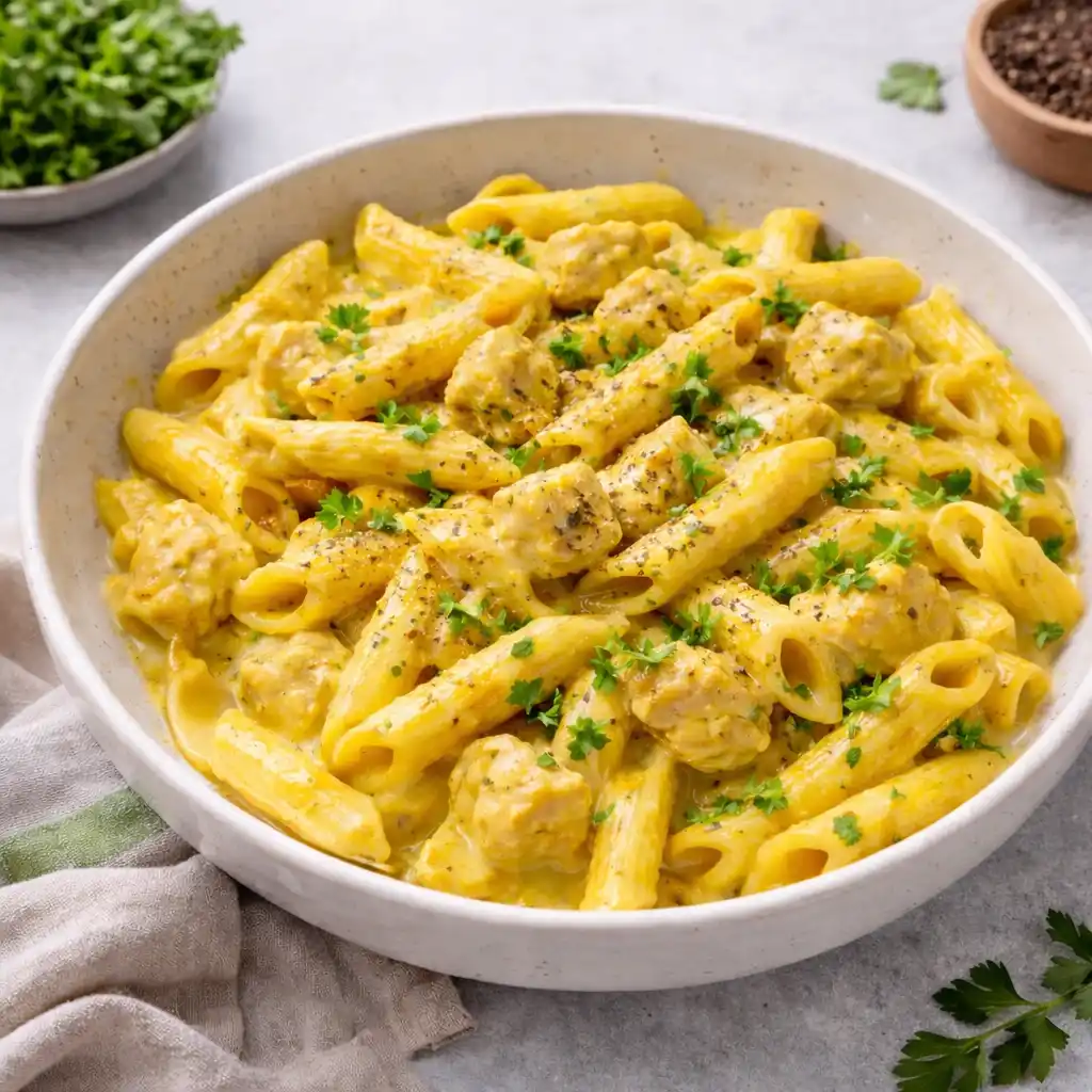 Kyckling curry pasta med penne i krämig gul currysås, toppad med persilja och nymalen svartpeppar, serverad i en ljus skål på neutral bakgrund.