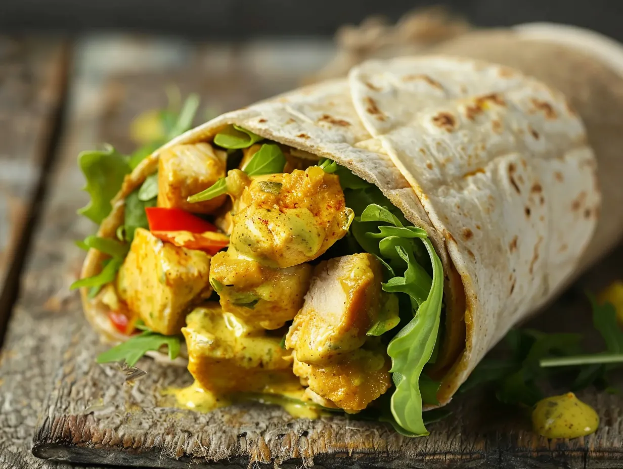 En fylld kyckling curry wrap delad på mitten med krämig kycklingröra, krispig sallad och gyllene curryfärg på en träbräda.