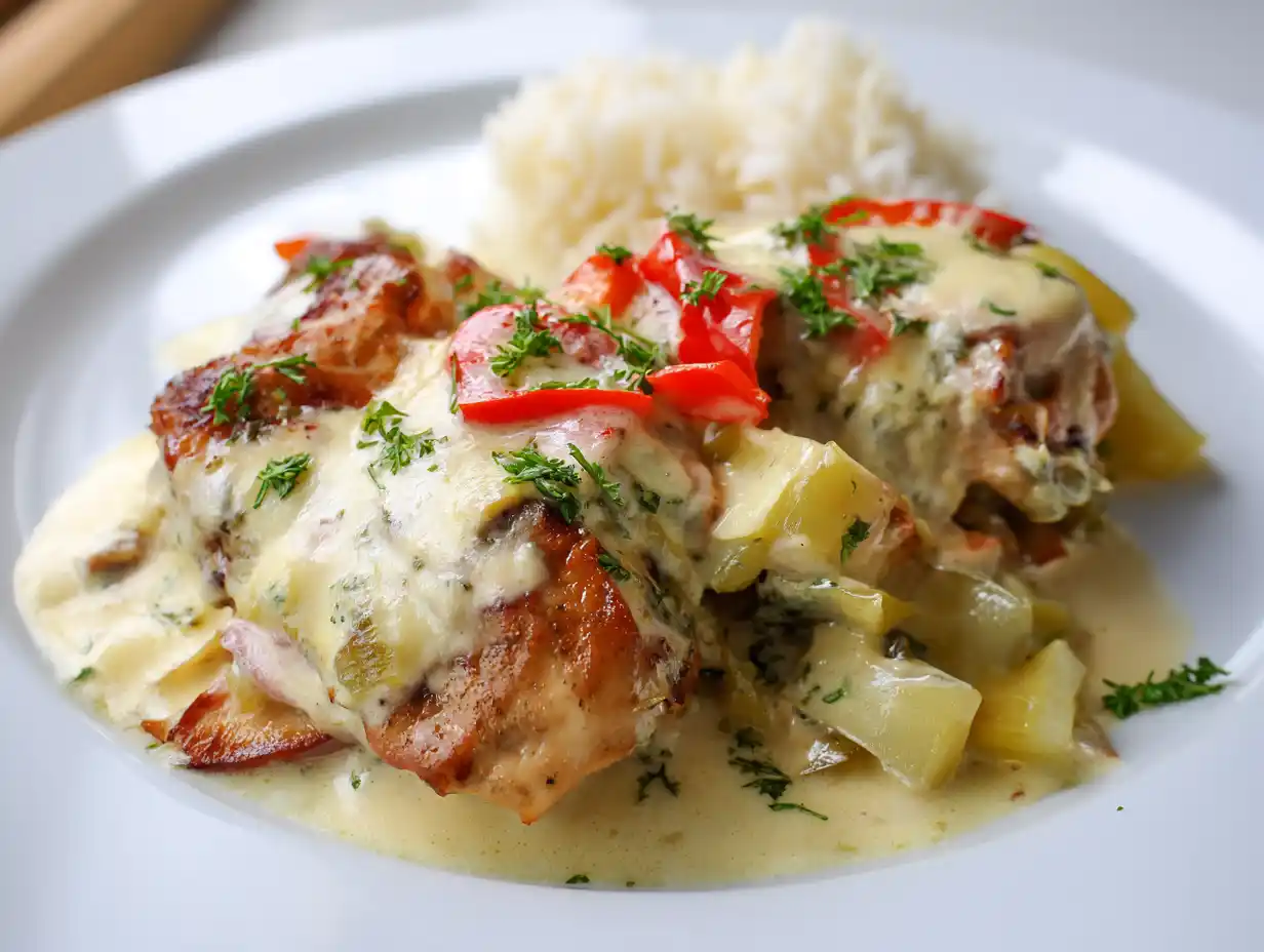 kyckling falukorv i krämig ugnsform med gyllene osttäcke, paprika och purjolök på vit tallrik.