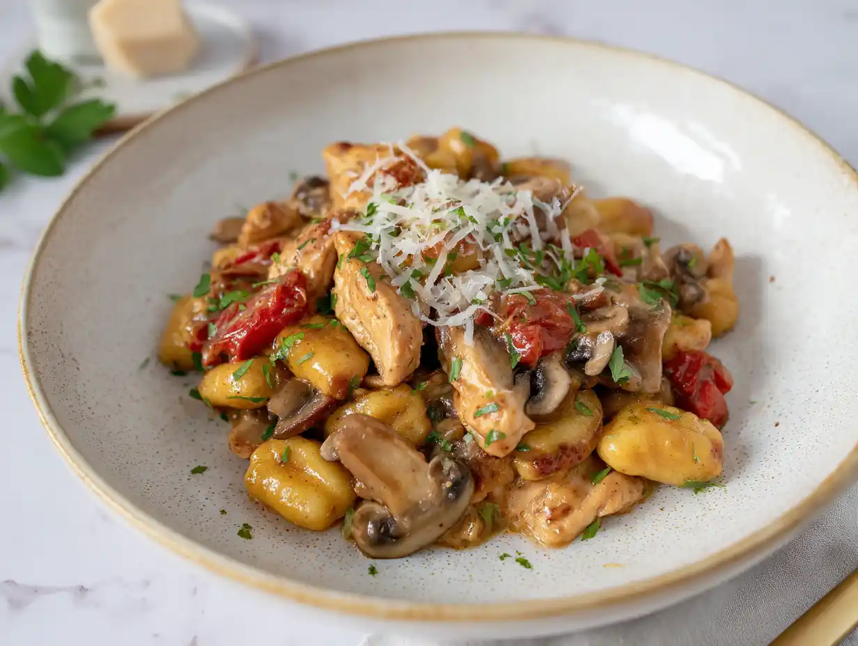 kyckling gnocchi på tallrik med krämig sås, svamp, tomat, persilja och riven pecorino i ljus miljö