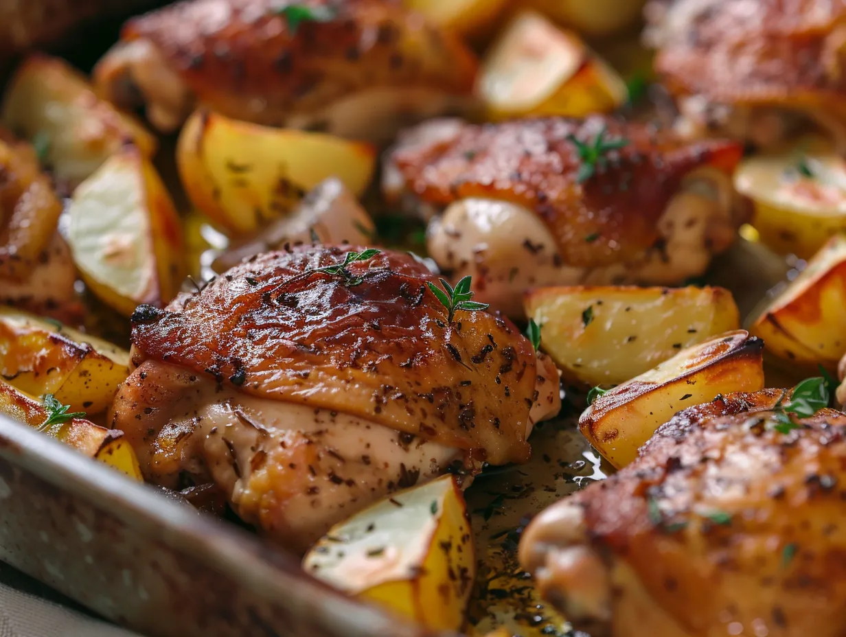 En plåt med saftig kyckling i ugn med paprika och lök, vackert rostad med gyllene yta och färska örter.