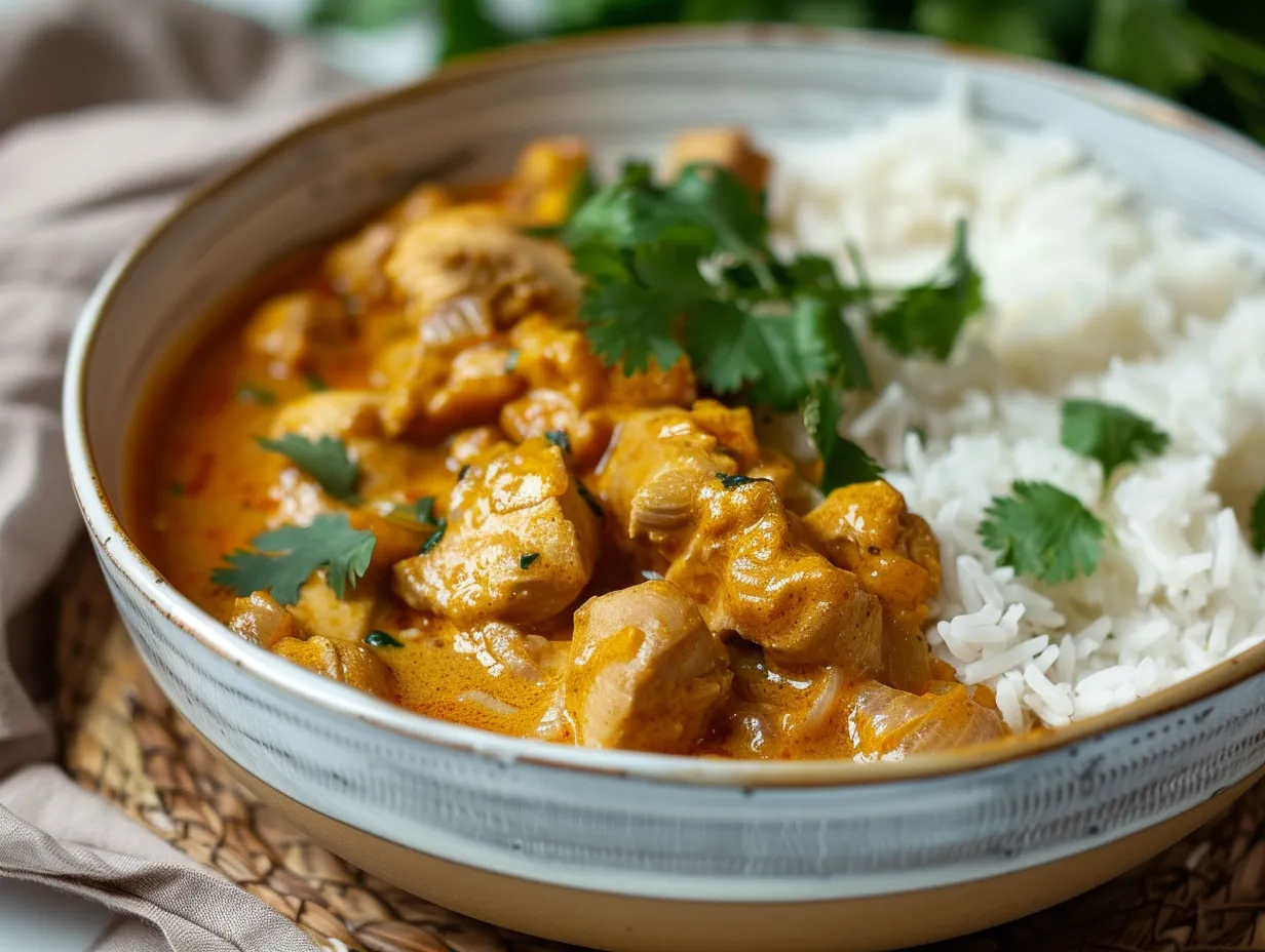 En krämig gryta med kyckling mango chutney curry toppad med färsk persilja serverad bredvid fluffigt ris.