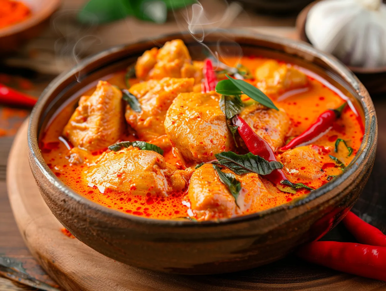 Kyckling röd curry kokosmjölk i skål med ris, paprika och koriander, rykande varm och krämig.