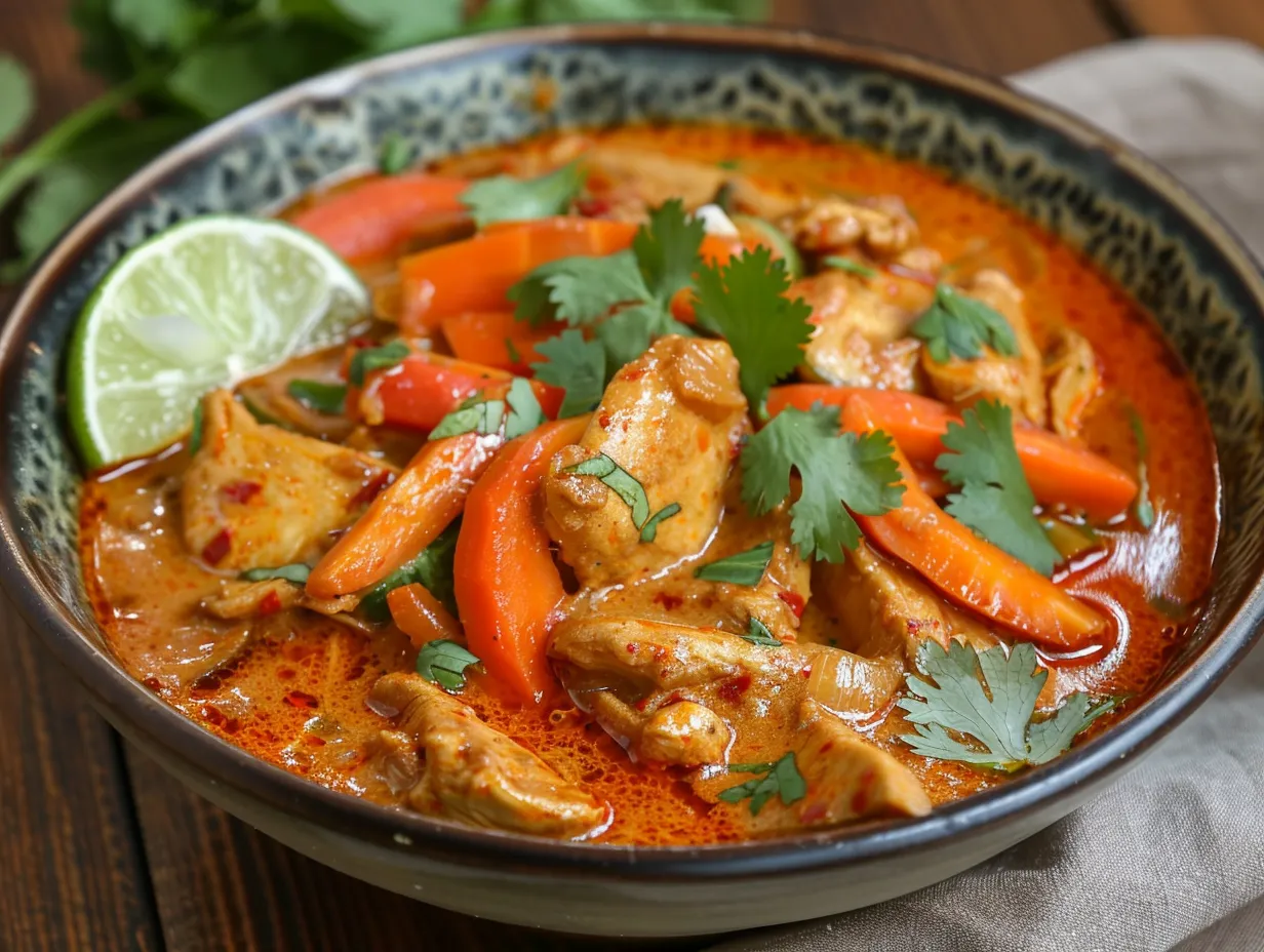 En skål med aromatisk kyckling röd curry i krämig kokossås toppad med färsk koriander och limeklyftor.