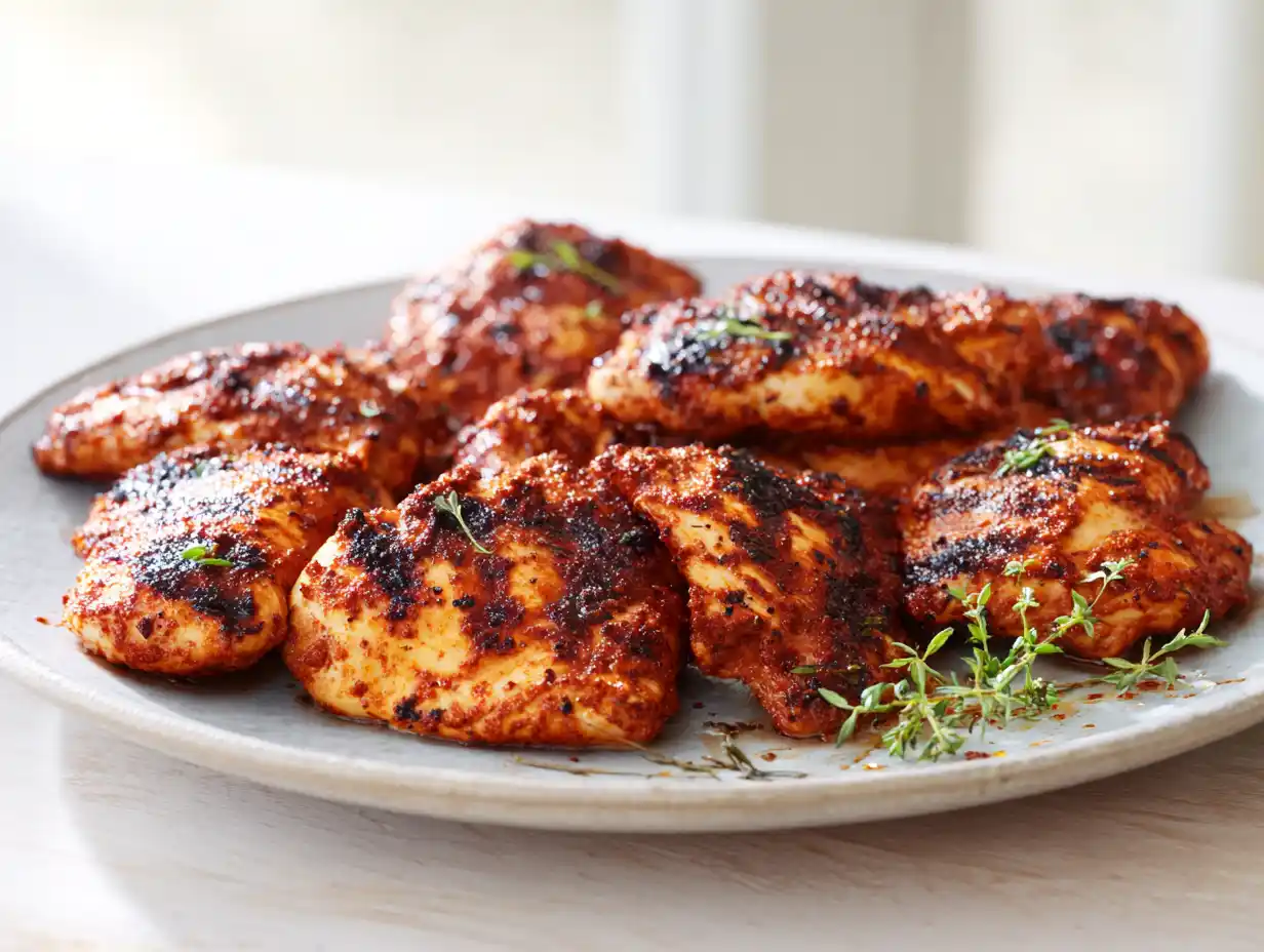 kyckling rub på grillad kyckling med mörk yta, rökt paprika, örter och saftig insida serverad på fat.