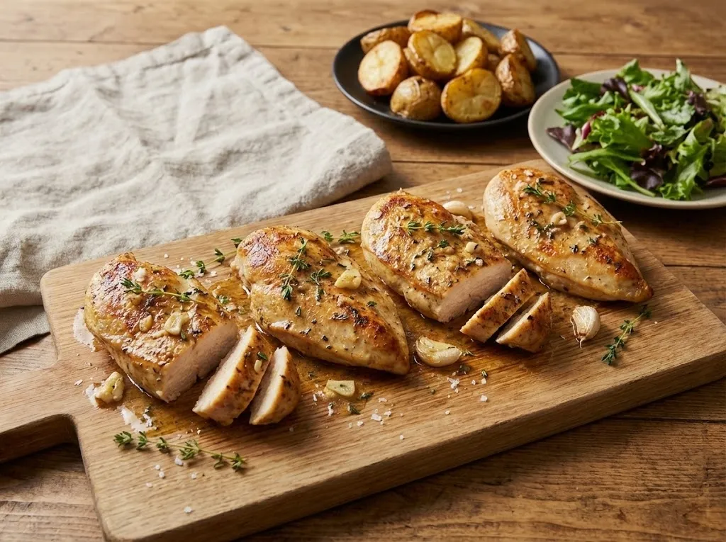 Ett klassiskt kycklingbröstfilé recept med nystekt kyckling som vilar på en skärbräda med örter.