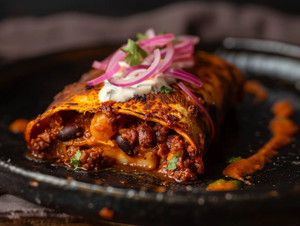 Närbild på chipotle enchiladas med kycklingfärs