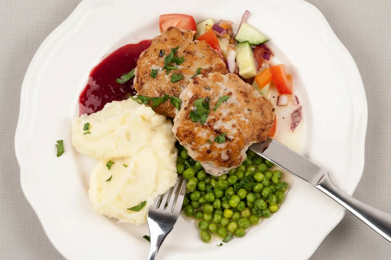 Klassisk kycklingfärsbiffar recept - saftiga kycklingfärsbiffar med kryddor stekta gyllene serverade på tallrik med potatismos och grönsaker