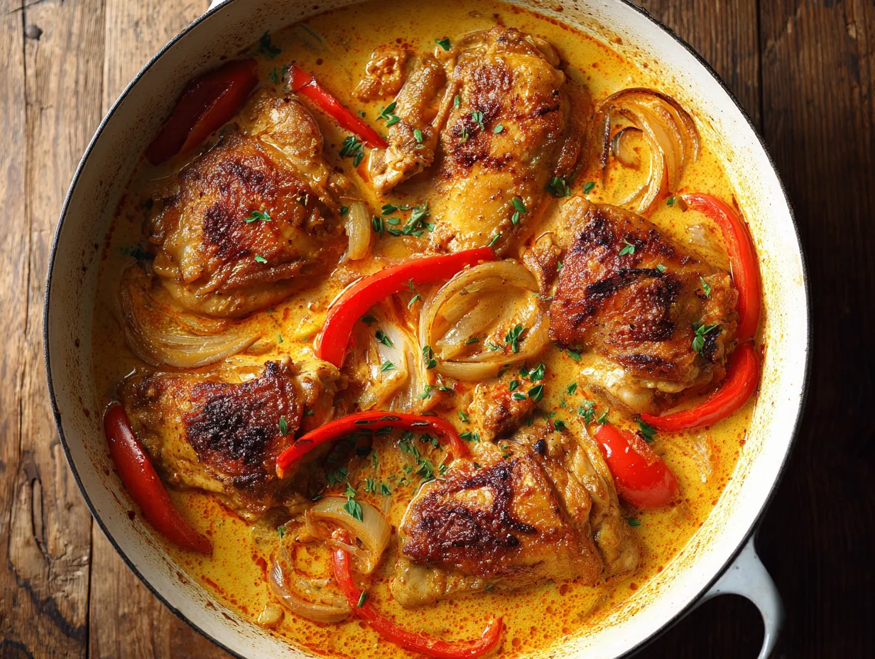 En mustig gryta med saftig kycklinglårfilé i gräddig paprikasås toppad med färska örter serverad i en varm panna.