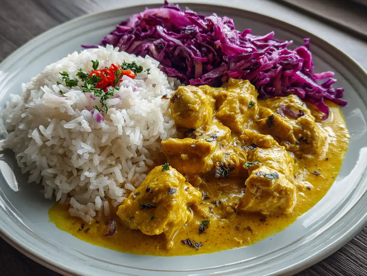 Kycklinglårfilé mango chutney i krämig currysås serverad med ris och krispig rödkålssallad.