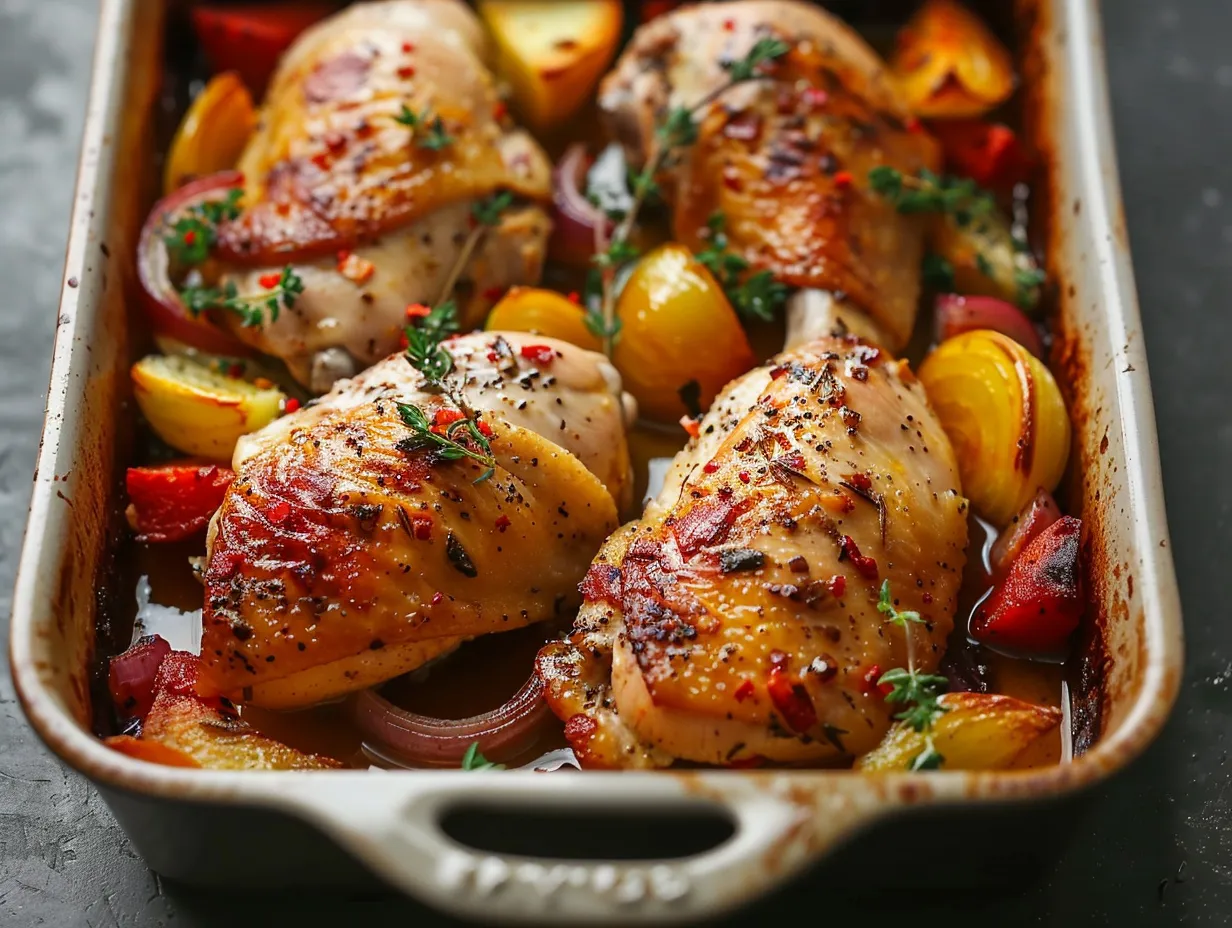 En ugnsform fylld med gyllenbrun kycklinglårfilé i ugn och krispiga potatisklyftor kryddade med timjan.