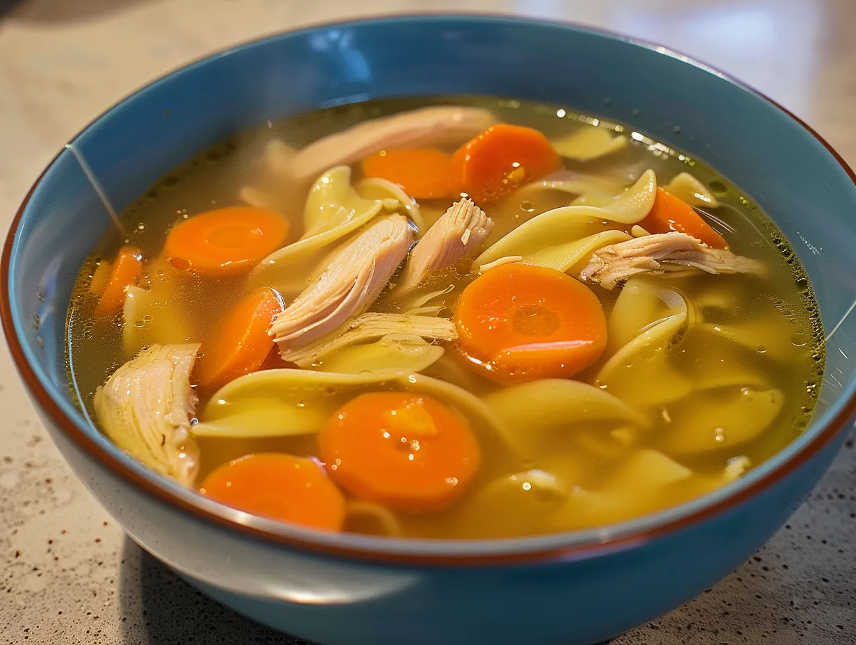 Kycklingsoppa med nudlar serverad varm med morötter och salladslök i djup tallrik