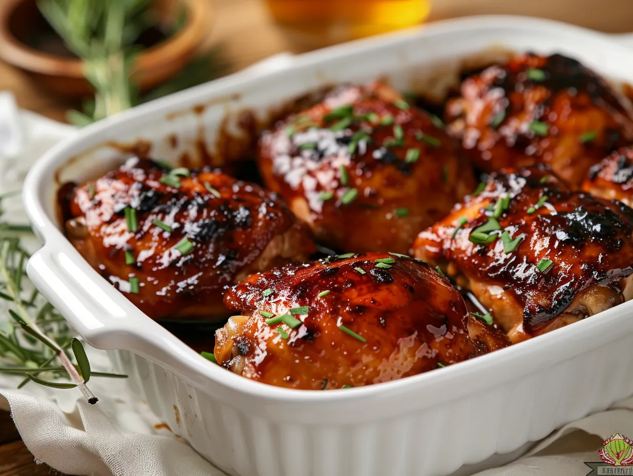 Närbild på glansiga långbakade kycklinglår med sojasås i en ugnsform, garnerade med färsk salladslök och sesam.