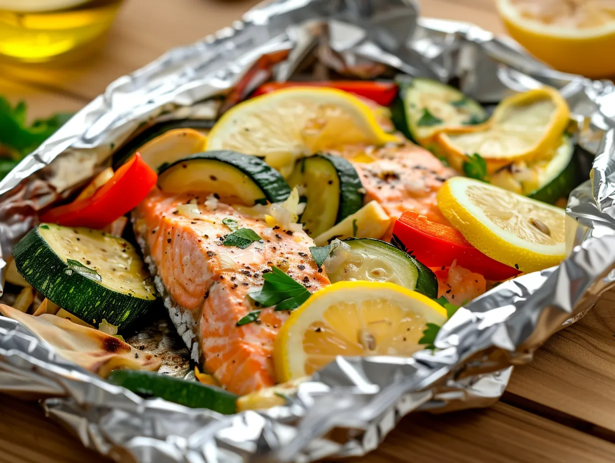 Fyra öppnade foliepaket fyllda med saftig lax i folie toppad med citronskivor, zucchini och paprika redo att serveras.